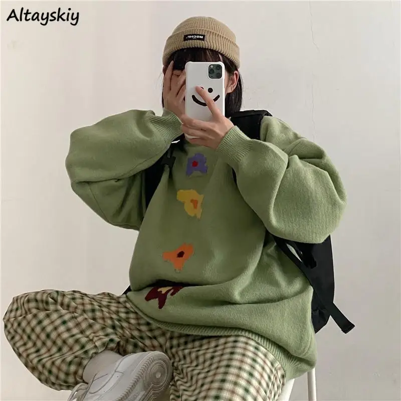 

Pullovers Women Sweet Cartoon Thick Harajuku O-neck Spring Autumn Leisure Teens Knitwear Japanese Style Ladies Sweaters Popular