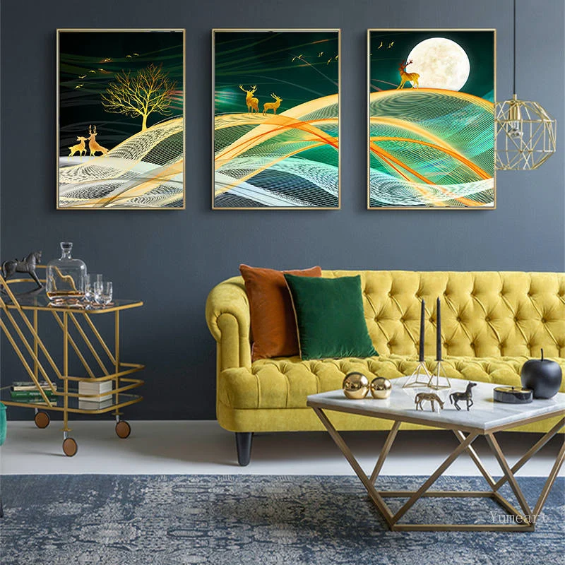 Nordic Стиль задний фон луна ночь олень плакат золотой ткани Wall Art холст картины