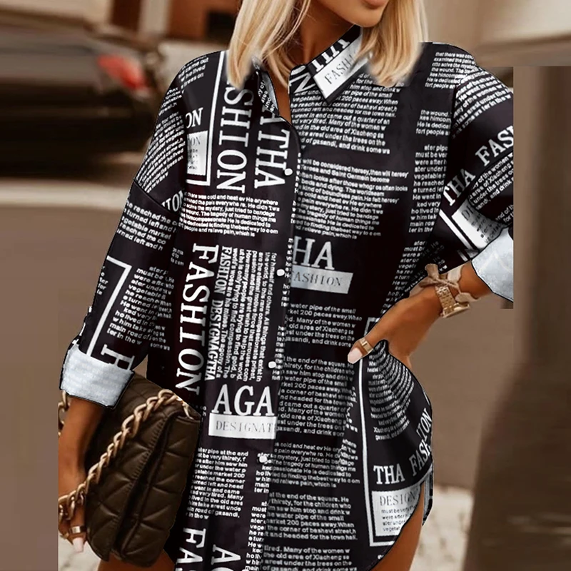 

Fashion Letter Print Lady Blouse Streetwear Casual Long Sleeve Irregular Top Women Elegant Turn-down Collar Shirt Female Clothes