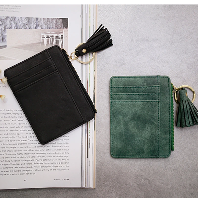 Matt Leather Mini Tassel Women Card Holder Cute Credit ID Card Holders Zipper Wallet Case Change Coin Purse Keychain Nubuck New