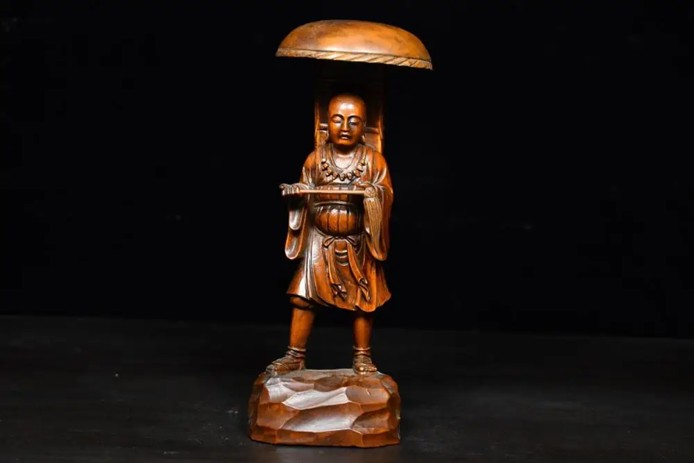 

8" China Collection Old Boxwood Monk buddha statue Ascetic monk practicing wood carving Tang Sanzang Scripture Collection Statue