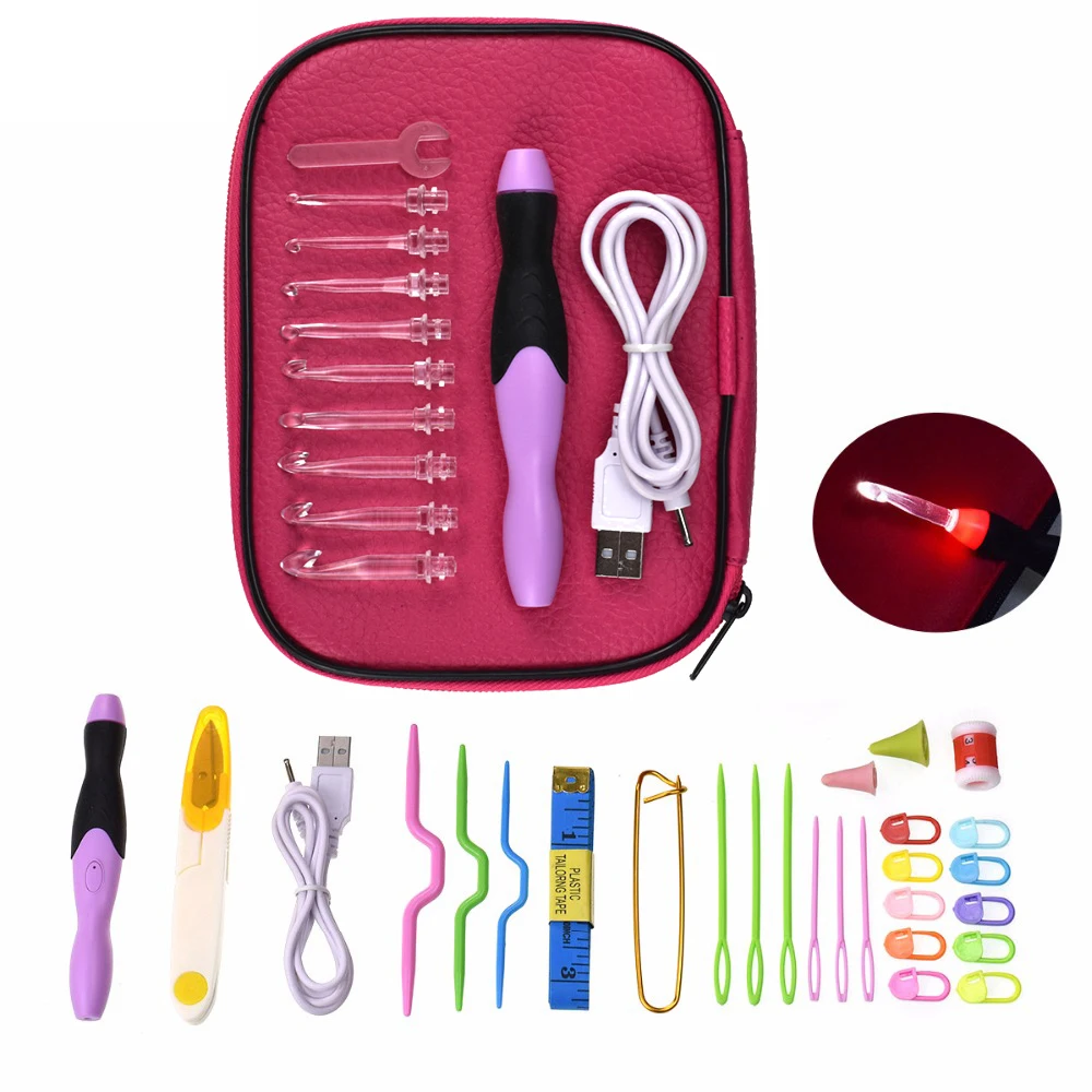 Набор крючков для вязания перезаряжаемые светодиодные USB-Крючки пряжи 9 насадок
