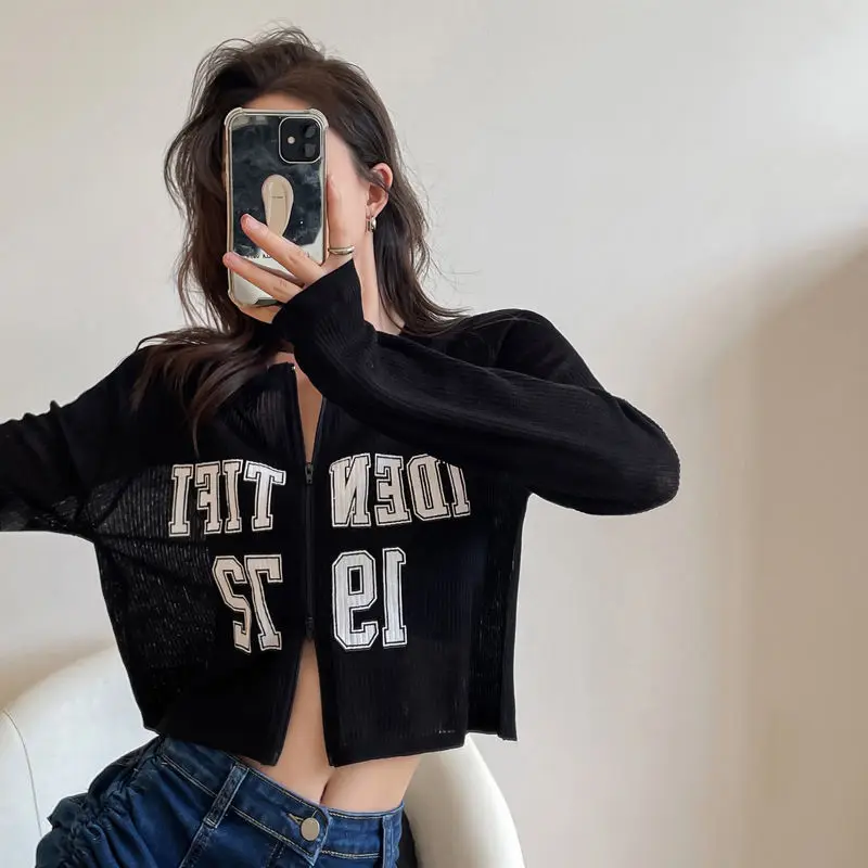 

Autumn Letter Printed Women Cardigan Loose Stretch Long Sleeve Zippper Knitted Sweater Outwear Streetwear Casual Jumper