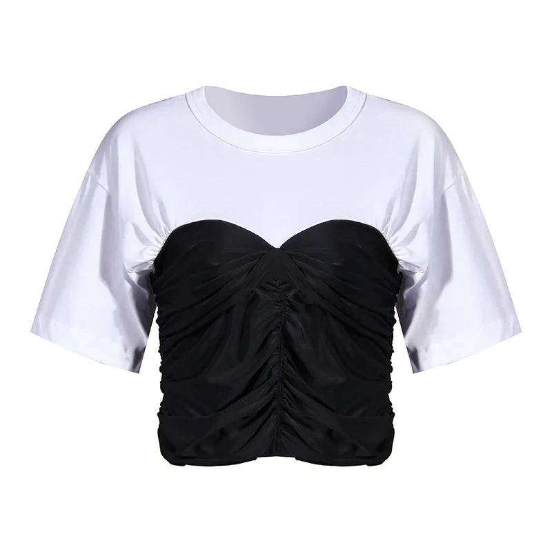 

Summer Runway Tops 2020 White Black Patchwork Draped Short Cotton Tshirts Womens