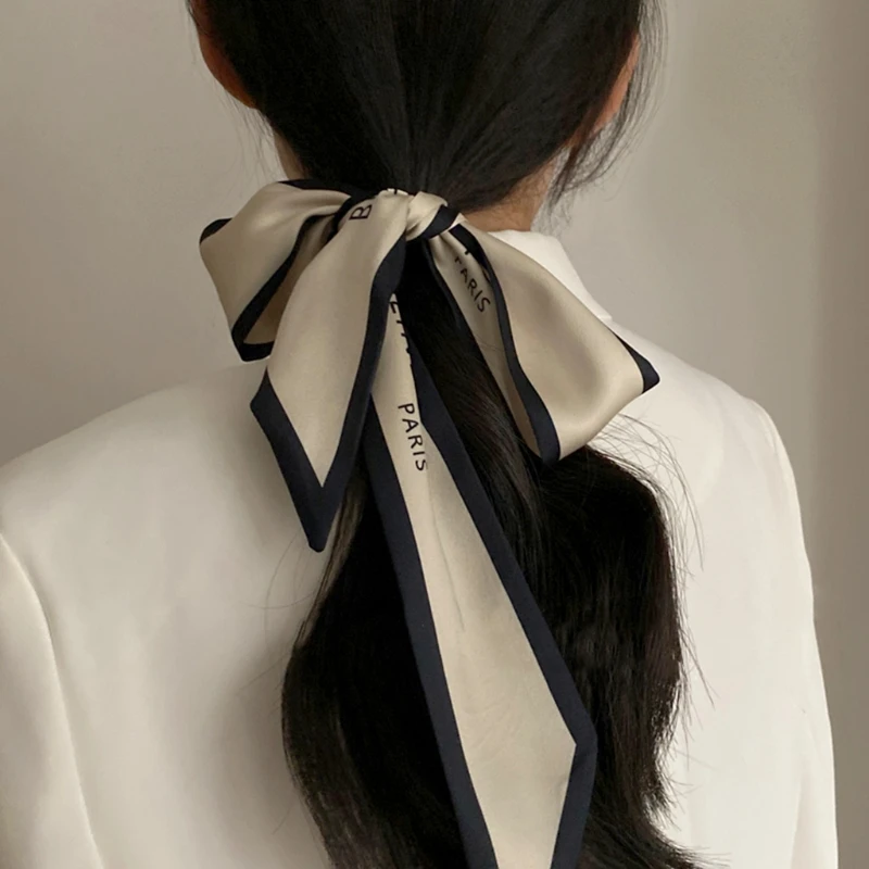 

Vintage French Style Satin Long Skinny Scarf Contrast Color Letters Print Hairband Ribbon Neckerchief Choker Handle Wrap