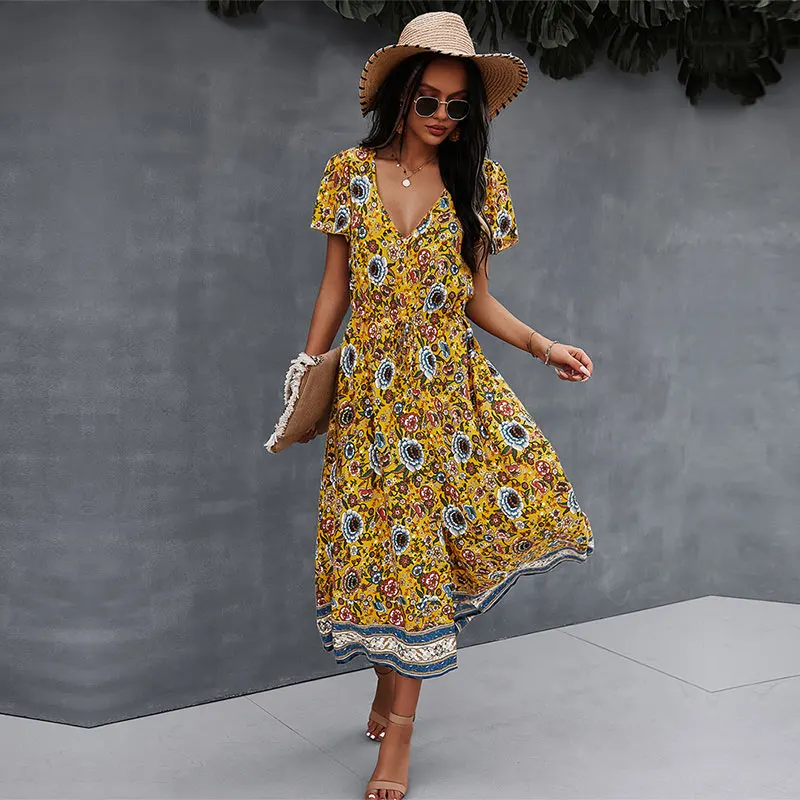 

Sexy V Neck Print Dress Women 2021 Spring New Casual Short Sleeve Floral Dress for Woman Summer High Waist Dress