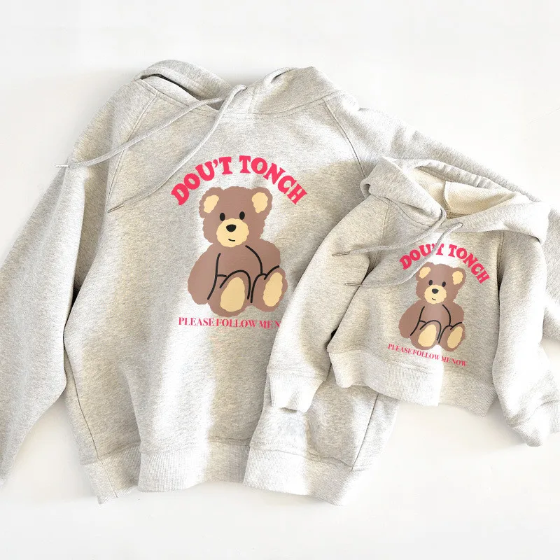 

Family Hoodies for Dad Mom Daughter Son Autumn Clothes 2021 New Winter Adult Baby Kids Cartoon Bear Thicken Hooded Sweatshirt