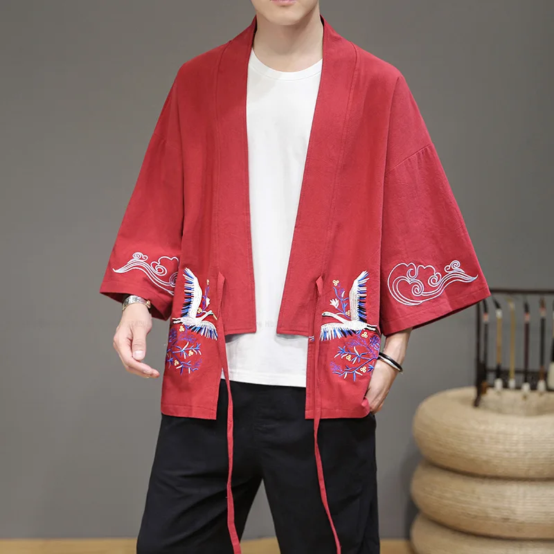 Мужская мода китайский стиль журавль вышивка хлопок Hanfu пальто кунг-фу халат