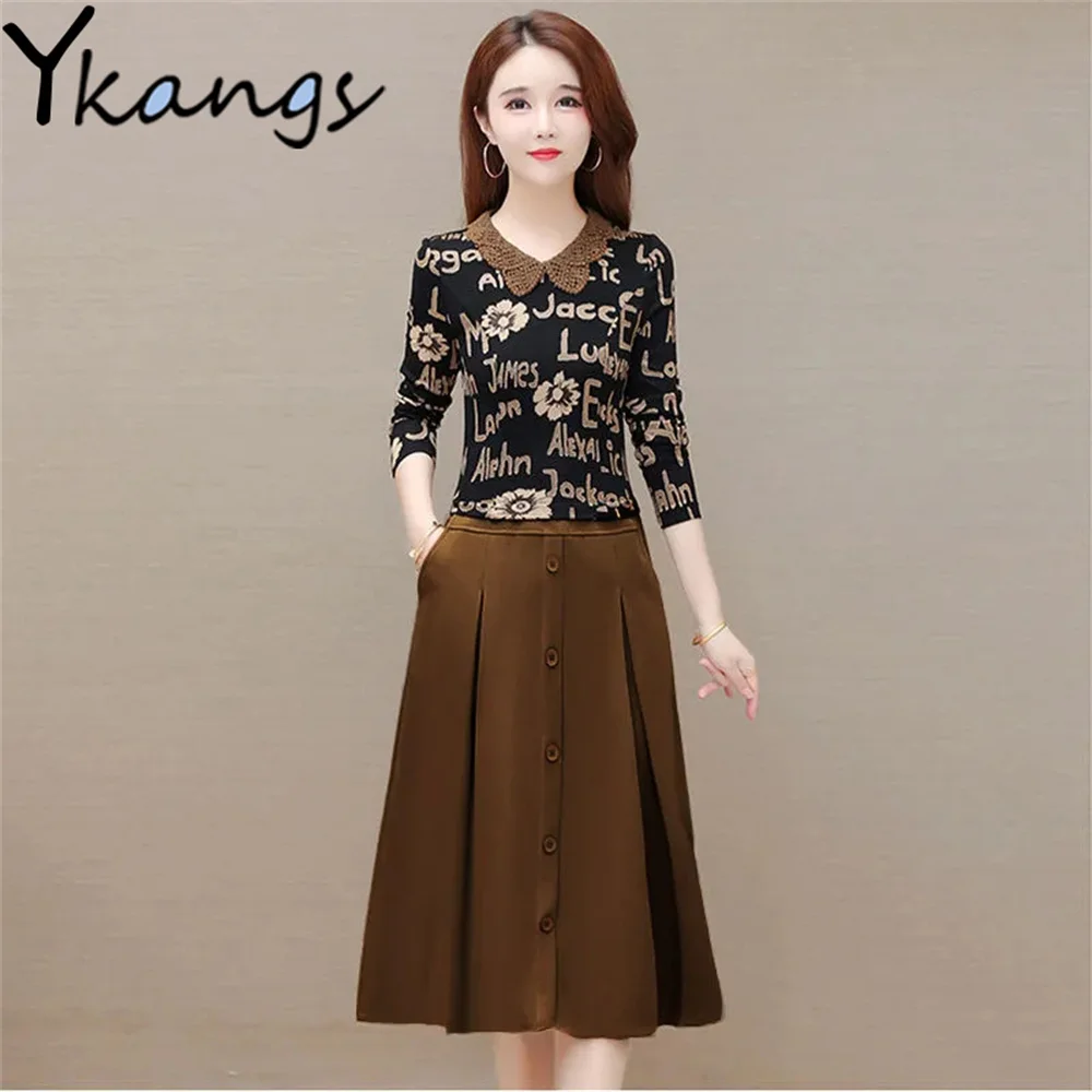 

Vintage Fake Two Pieces Splicing Printing Dress Peter Pan Collar Design Female Midi-Long Dresses Spring Autumn Elegant Clothing