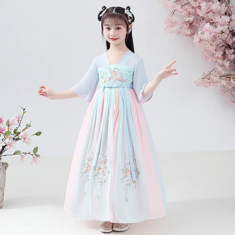Детское летнее платье Ханьфу для девочек с коротким рукавом, китайское традиционное костюмное платье для косплея бабочки феи.