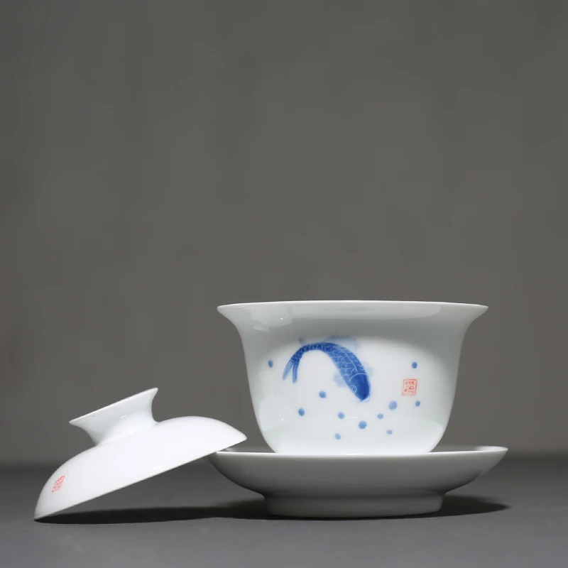 130 мл ручная роспись Koi Fish Gaiwan белая керамическая фарфоровая китайская чайная