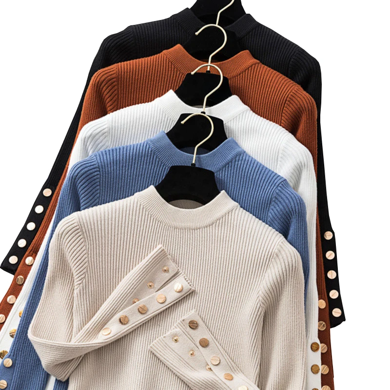 

gkfnmt Long Sleeve Button O-Neck Chic Sweater Female Slim Knit Top Soft Jumpe Casual Autumn Winter Women Thick Sweater Pullovers