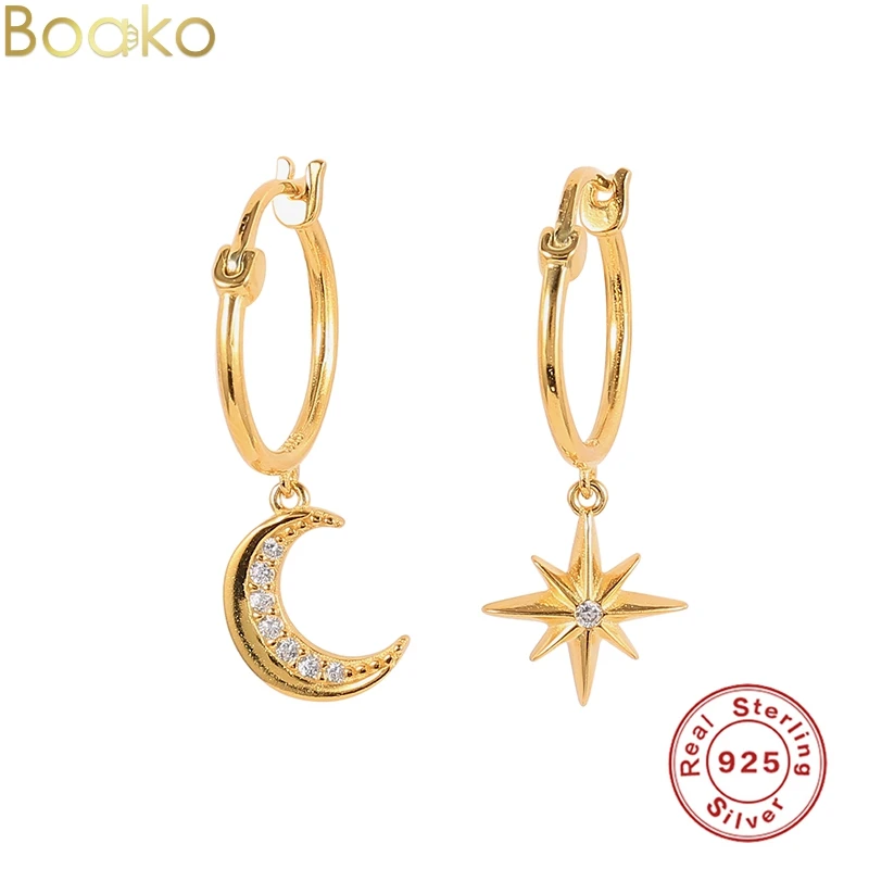 Серьги-кольца женские из серебра 925 пробы со звездой и Луной | Украшения