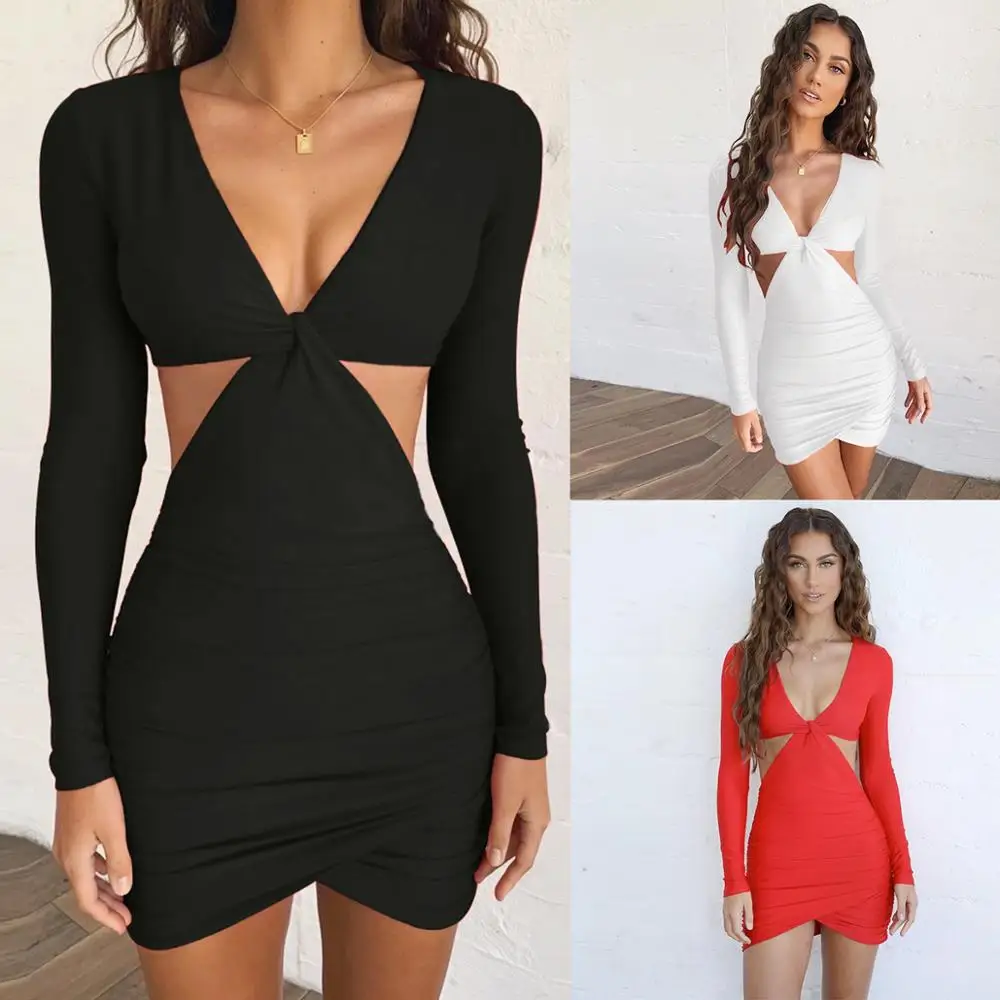 

American sexy v-neck long sleeve hollow out wrap buttock dress, autumn winter hot style women's dress