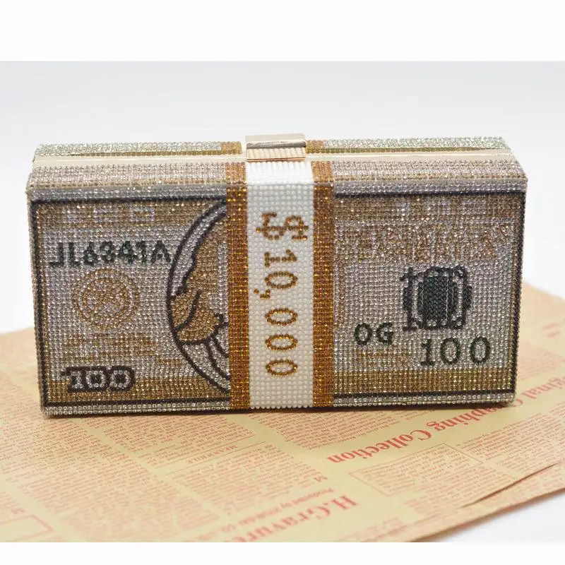 Money Clutch Rhinestone Purse 10000 Dollars Stack of Cash Evening Handbags Shoulder Wedding Dinner Bag Jewelry Bag