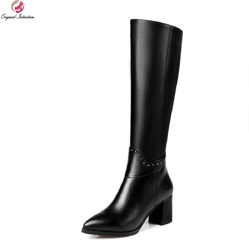 

Original Intention New Fashion Women Knee High Boots Cow Leather Pointed Toe Square Heels Boots Black Shoes Woman US Size 3-13