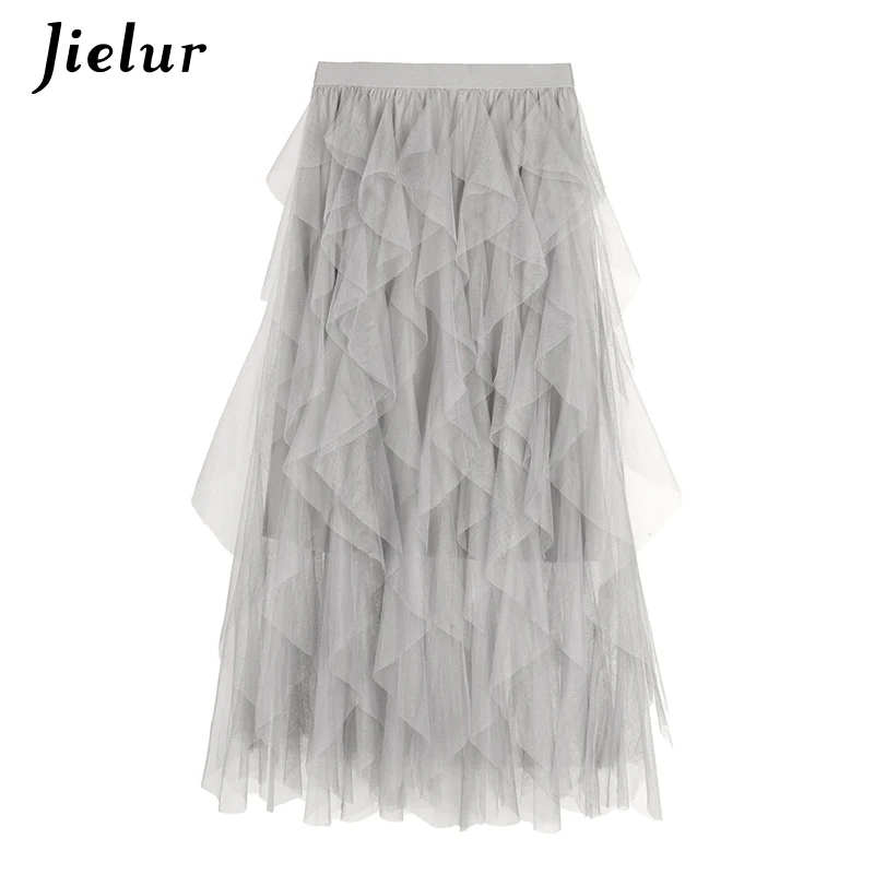 Jielur White Skirt Women Summer 2021 Vintage High Waist Irregular Mesh Skirts Gray Black Fashion Chic Pleated Tulle Korean | Женская