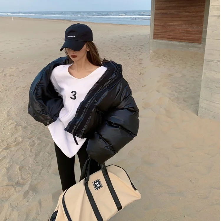 

Черная хлопковая куртка с воротником-стойкой, женская зимняя утепленная свободная Корейская куртка с принтом хлеба, короткая хлопковая кур...