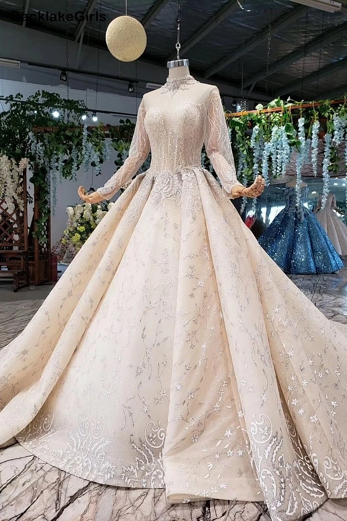 Sheer High Neck Applique Tulle Wedding Dress Sexy 2020 Illusion Backless Long Sleeve Princess Crystal Muslim Boho Gowns | Свадьбы и