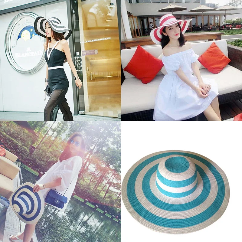 Striped Straw Hat Women's Beachwear Sun Big Brim Fashion Black White Women Beach 2018 New | Аксессуары для одежды