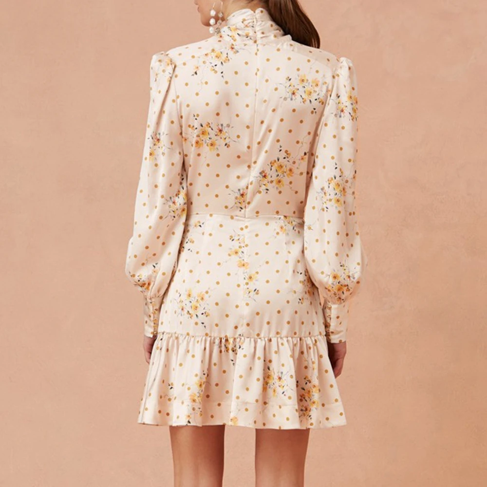 

Elegant Round Neck Polka Dot Dress Women Solid Lantern SleeveApricot Ruffle Dress Loose Holiday Autumn Chic Bow Long Party Dress