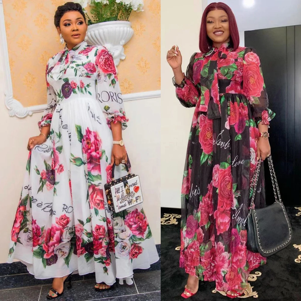 

Dinner Dresses For Women 2021 New African Spring Summer Elegant Gown Flowers Printed Dashiki Long Dress Ladies Clothing