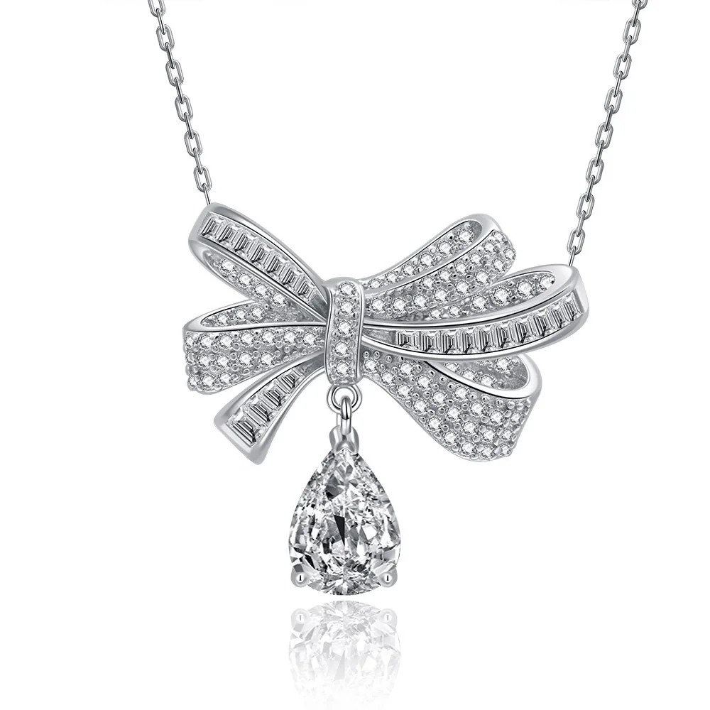 

RUZZALLATI New Shiny Bowknot Necklace Women's Exquisite Cubic Zirconia 925 Sterling Silver Clavicle Chain Chokers Drop Shipping
