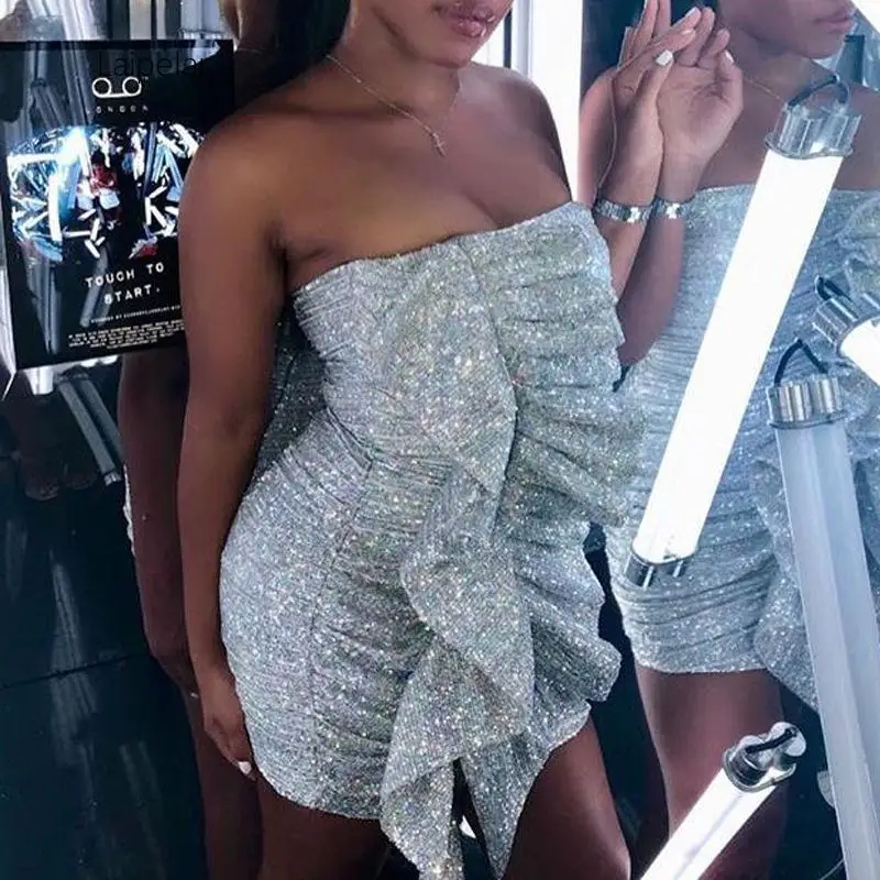 

Bodycon Sequin Women Dress Sexy Strapless Mini Party Dresses Summer Autumn Female Dress Elegant Club Vestidos