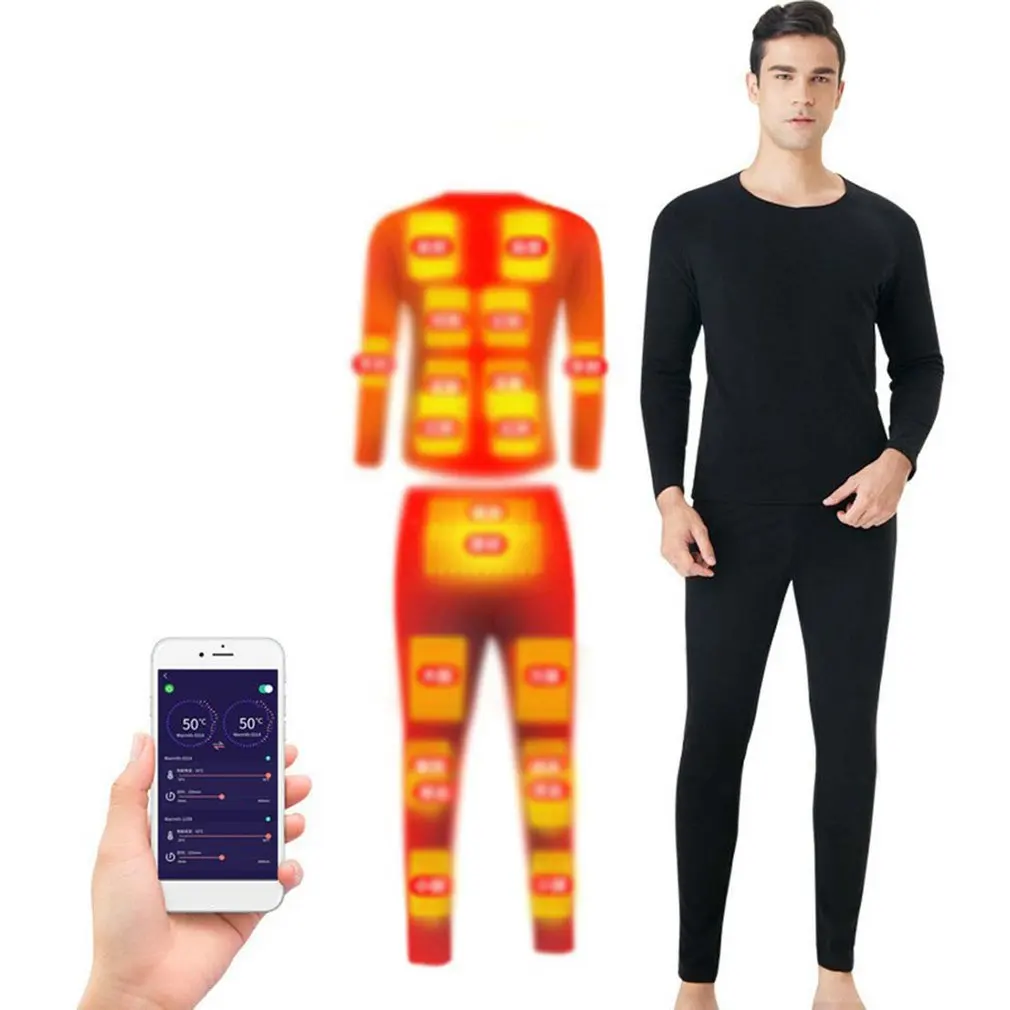 Winter Heating Underwear Suit USB Battery Powered Electric Heated Fleece Lined Ski Thermal Tops Pants Smart Control Temperature