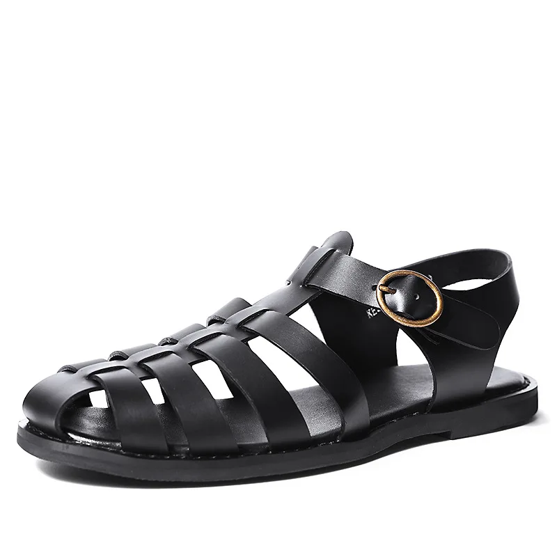 

Breathable Hollow Sandals Mens British Soft Bottom Roman Shoes Male All-match Cowhide Gladiator Sandals Flip Flops Casual Shoes