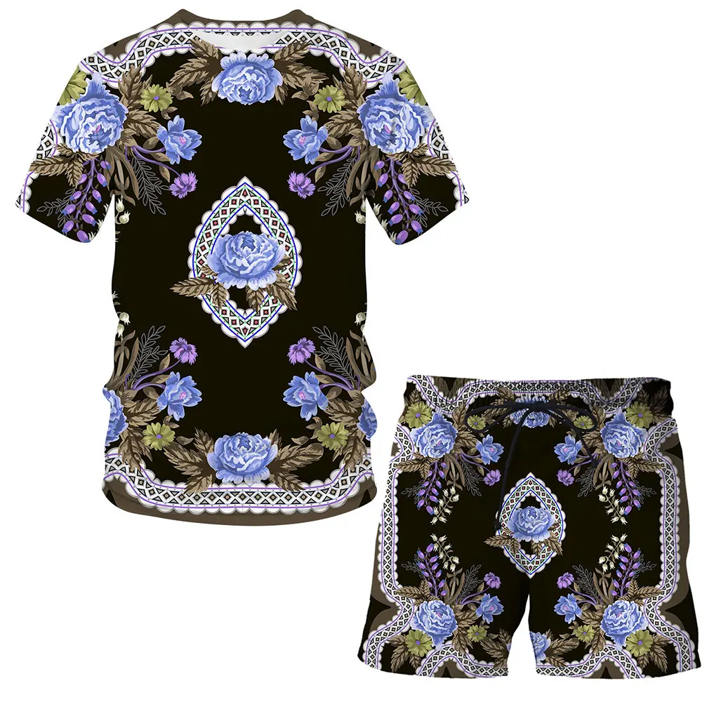 

2021 Fashion Men's/Women's Flower 3D Printing Summer Casual Round Neck Short Sleeve + Beach Pants Suit Streetwear Men clothing