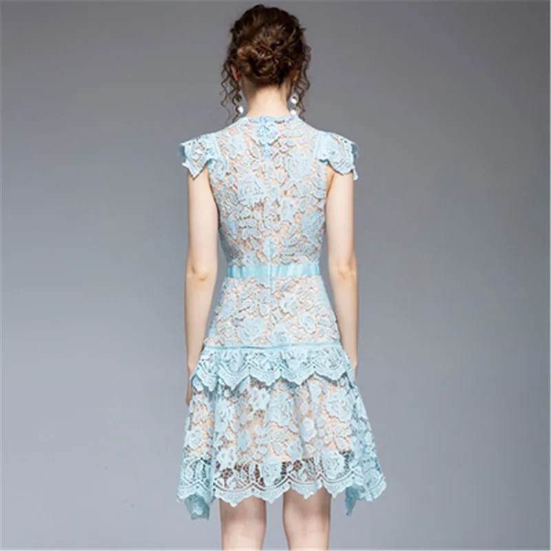 Женское кружевное мини-платье летнее синее платье с оборками лето 2022 | Женская