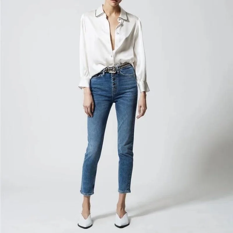 New Style Simple Metal-breasted Trousers Washed High-waisted Slimming Thin Elastic Jeans Women