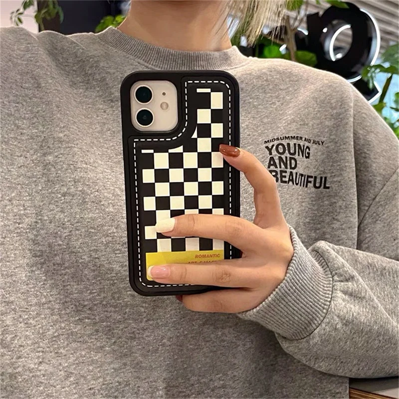 

Korean Cute Checkerboard Lattice Phone Case For iPhone 11 12 Pro XS Max Mini X XR 7 8 Plus SE Funny Soft Shockproof Back Cover
