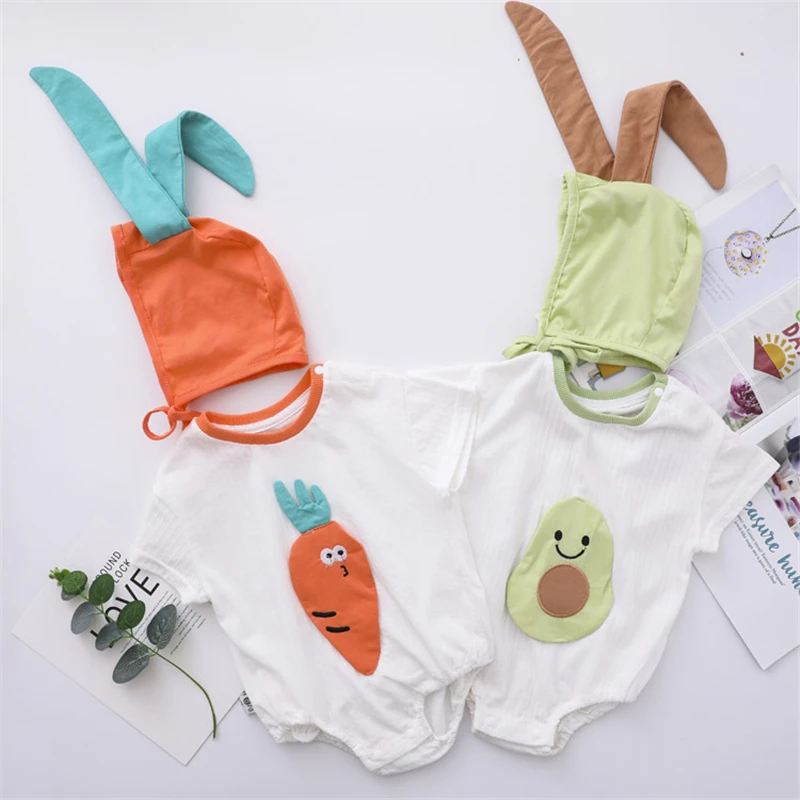 

Летний комбинезон с короткими рукавами для новорожденных мальчиков и девочек, с рисунком груши, моркови, комбинезон с заячьими ушками, шапк...