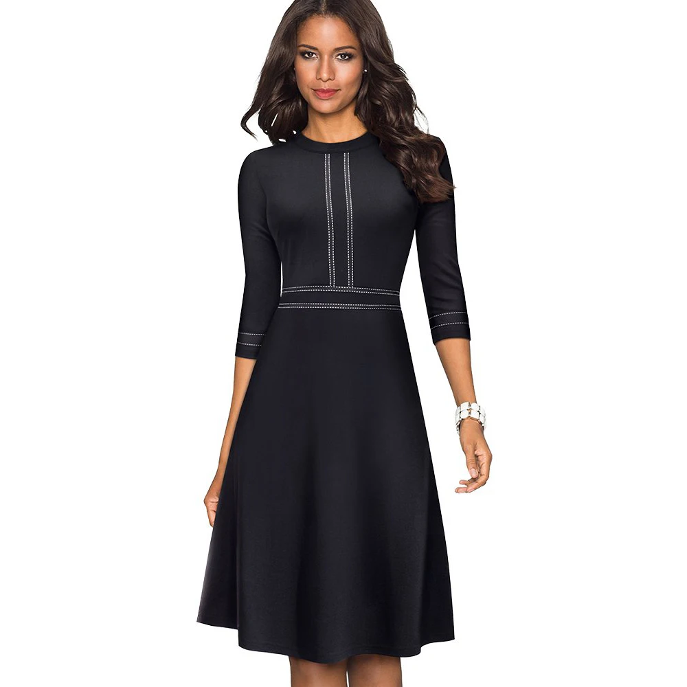 Black long sleeve Стильное облегающее и яркое женское офисное платье с лентами, Классическое однотонное платье трапециевидной формы с коротким рукавом EA135 - Цвет: Black long sleeve