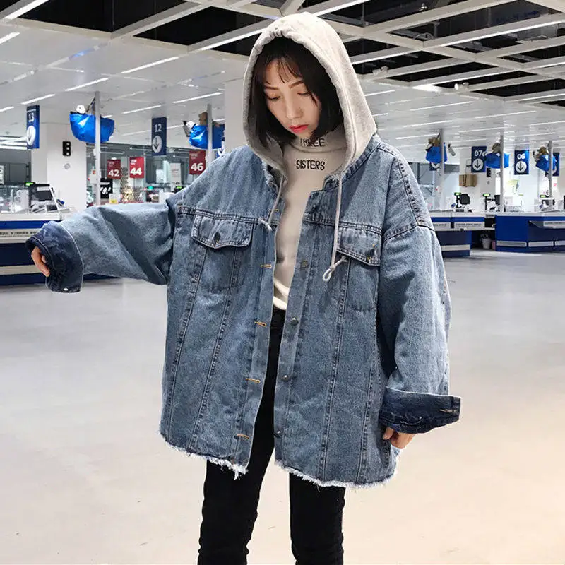 photo color coat Woherb Весна Harajuku джинсовая ткань оверсайз куртки корейские свободные с капюшоном джинсовые куртки женские хип хоп BF Стиль Уличная длинные пальто - Цвет: photo color coat