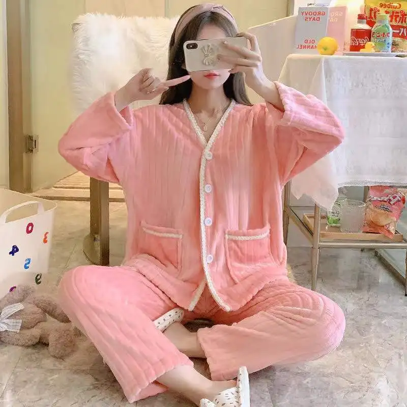 Pajama Set Women Winter Coral Fleece Flannel Sleepwear Flannel Warm 2 Piece /Set Long Sleeve Trousers Loungewear Pijama Homewea