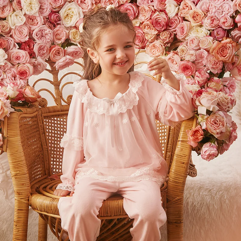 

Autumn Winter Flannel Pajamas For Girls Long Sleeve Pants Bow Lace Nightwear Suit 2-8y Kid Girl Warm Thickening Home Sleepwear