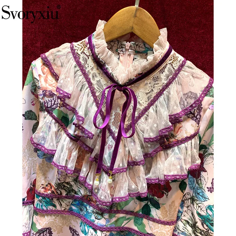 Svoryxiu High End Винтаж Платье с цветочным принтом Для женщин Flare SleeveTiered кружевным гофрированным воротником осень вечерние взлетно-посадочной полосы мини платье vestdios