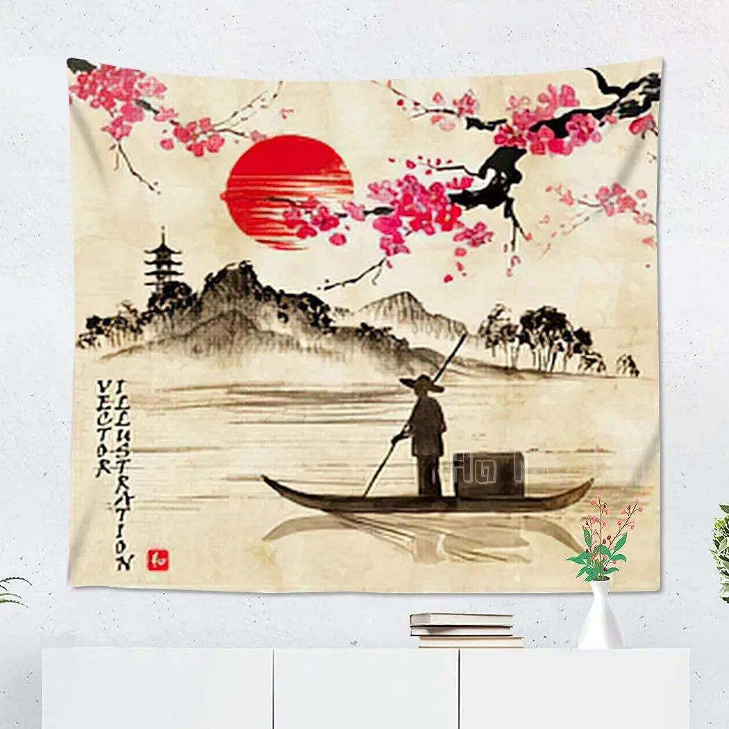 

Art Painting Fantasy Plant Landscape Branches Fisherman Lake And Hills In Traditional Japanes For Wall Aesthetic