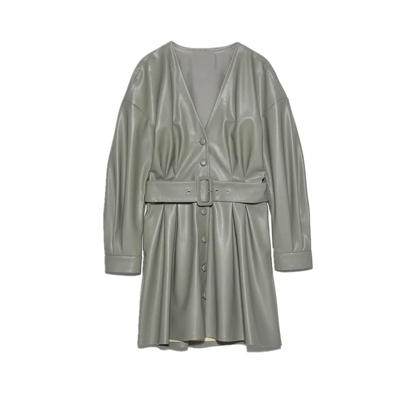 

2020 V-neck lantern sleeves PU leather high waist short A-line dress with belt female fashion summer U862