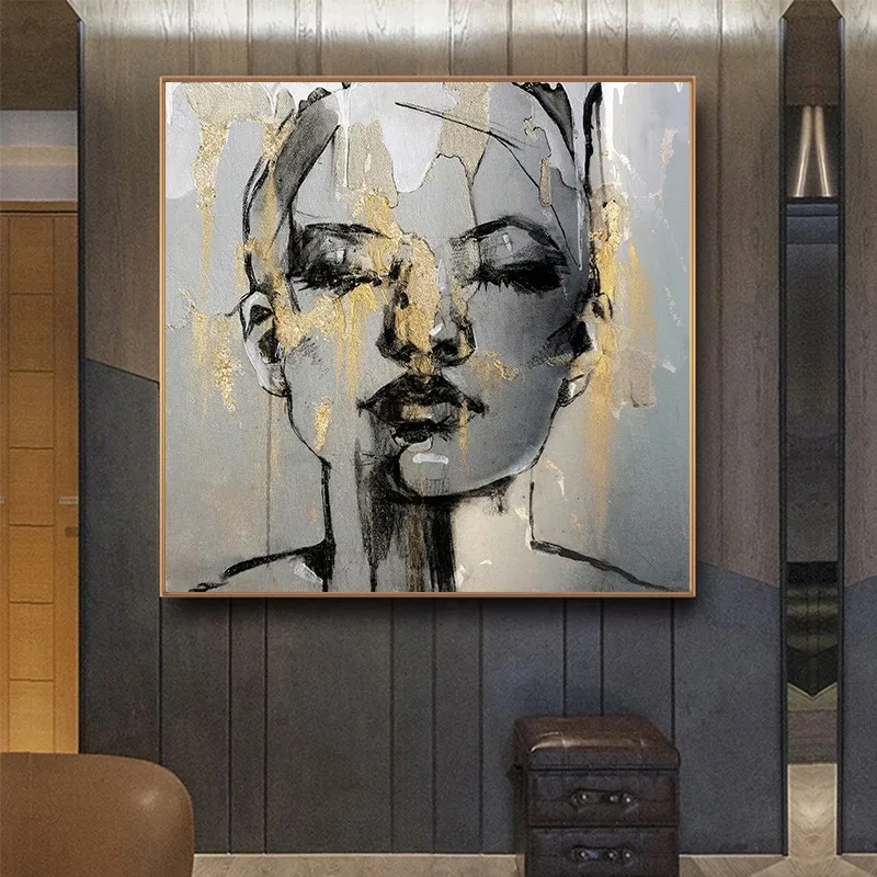 

Abstract Golden Girl Face Canvas Painting Figure Fashion Women Wall Art Posters and Prints Wall Picture for Living Room Decor