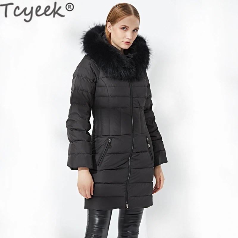 Зимняя женская куртка Tcyeek с капюшоном из натурального меха енота Корейская