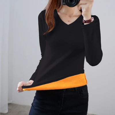 V-neck Black Размера плюс M-4XL теплая дутая куртка золото бархатные Нижние рубашки Для женщин Зимняя кофта с длинными рукавами и высоким воротником Термальность формирующее белье боди, пижамный комплект - Цвет: V-neck Black