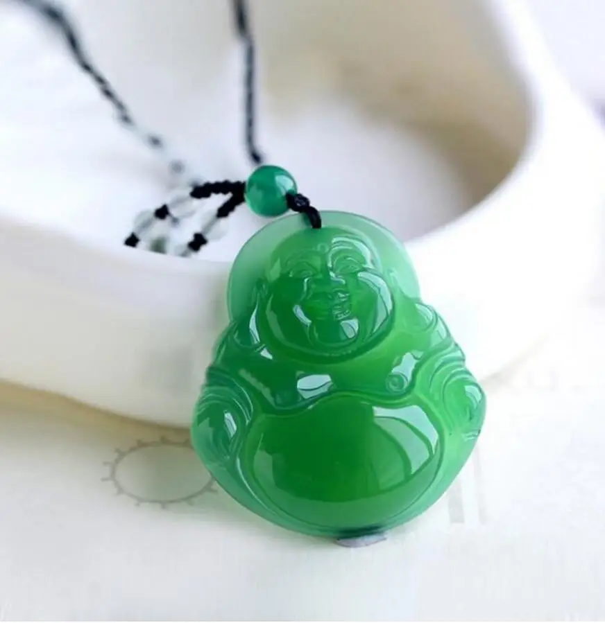 Ювелирные изделия Бесплатная доставка Изящные Зеленый Халцедон нефрит Будда
