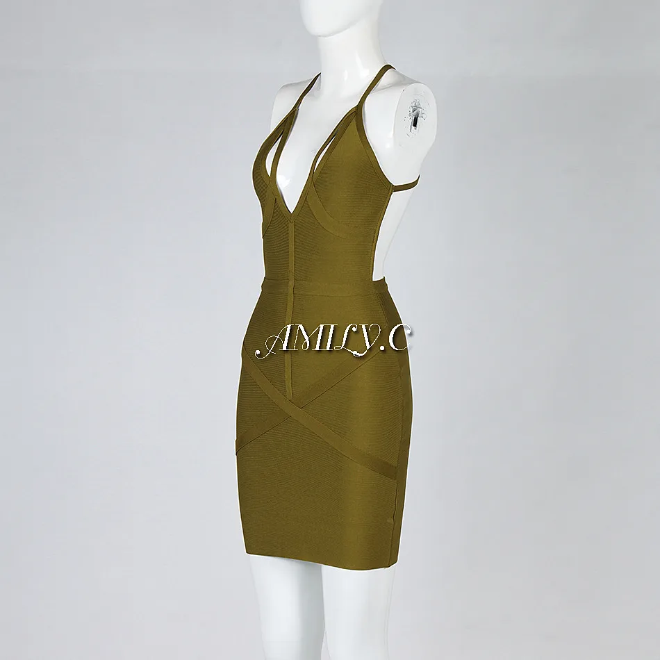 Женское Бандажное платье Amily.c Черное и зеленое облегающее с v-образным вырезом