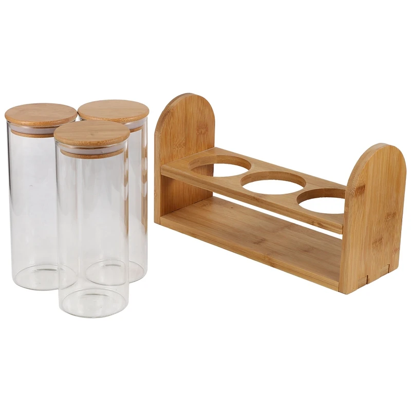 

Home Storage Shelf Glass Food Storage Canisters Sealing Bamboo Cover Glass Jars Set Biscuits Candies Spices Cereals Container
