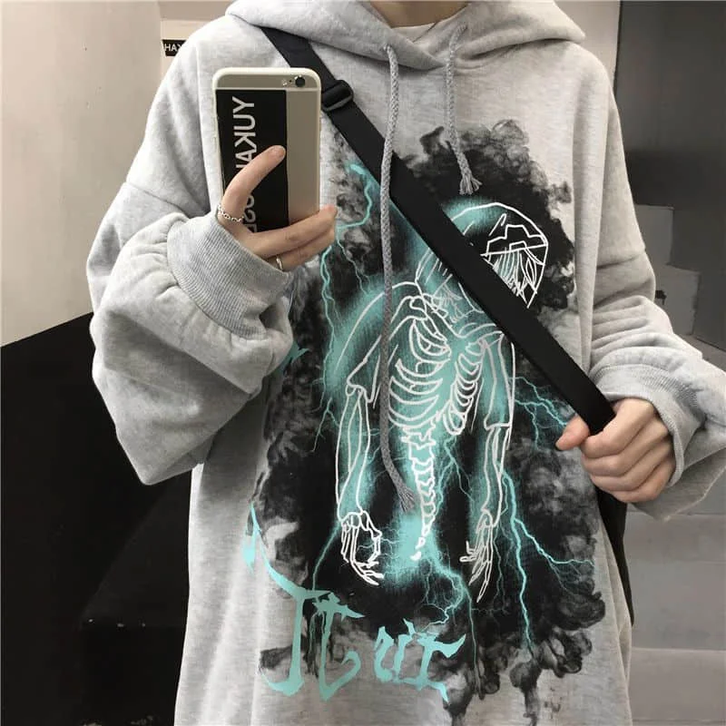 

Sweatshirts Men And Women 2021 New Autumn And Winter Design Sense Niche Loose Bf Plus Velvet Thick Hooded Jacket Goth Print