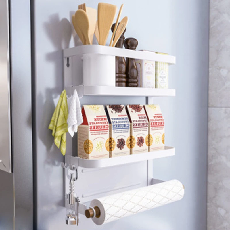 

Foldable Refrigerator Organizer Magnetic Fridge Spice Rack Paper Towel Holder Multi-purpose Kitchen Storage Shelf B1